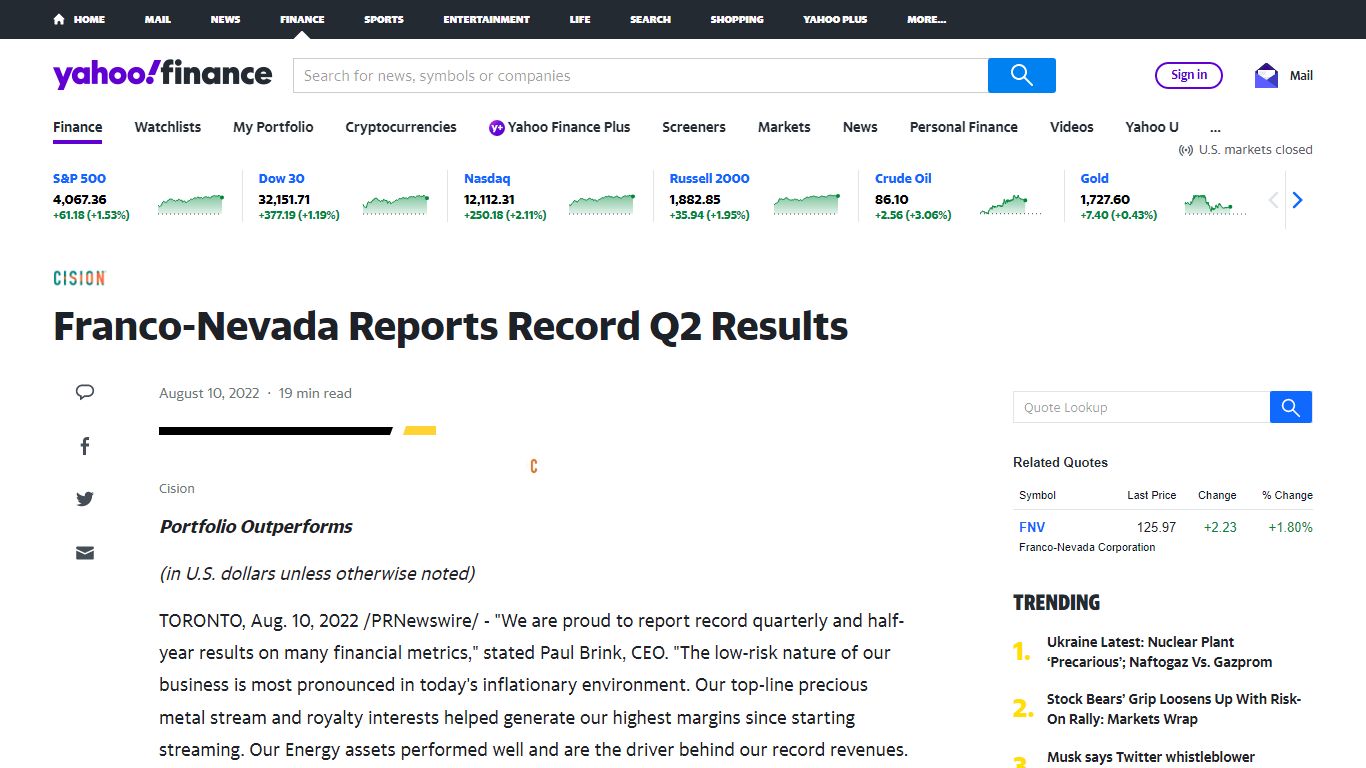 Franco-Nevada Reports Record Q2 Results - finance.yahoo.com
